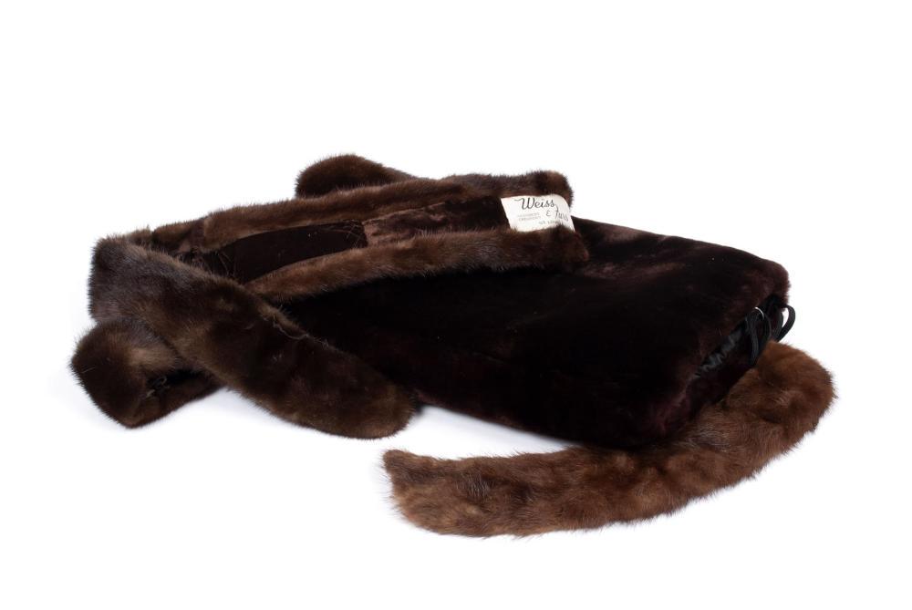 THREE MINK ACCESSORIES: THREE MINK ACCESSORIES Muff with zipper pocket, a "Weiss" belt at 70" length, and a small mink collar.
