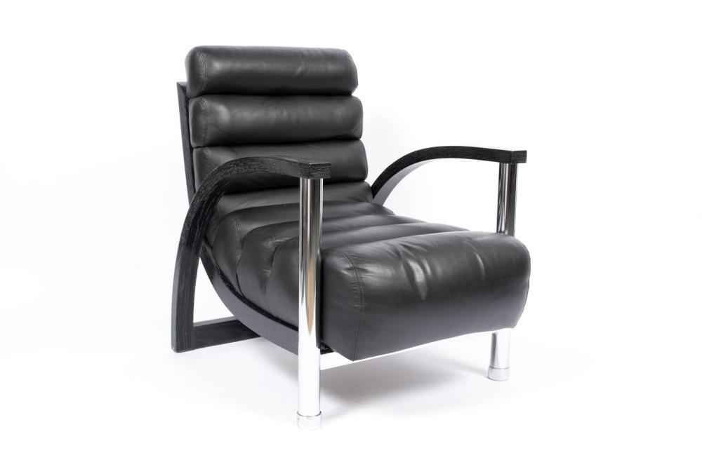 ECLIPSE CLUB CHAIR BY JAY SPECTRE FOR CENTURY: ECLIPSE CLUB CHAIR BY JAY SPECTRE FOR CENTURY American, mid-20th century. Horizontal channeled leather cushion back and seat on tubular chrome frame with ceruse oak highlights. 34" crest height, 24" a