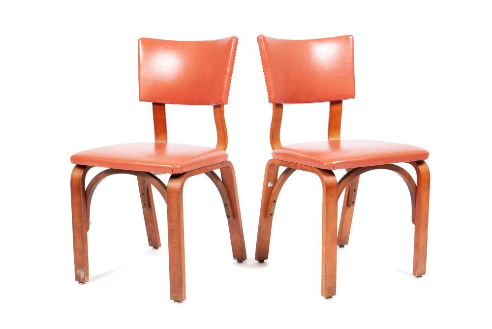 PAIR THONET MID CENTURY BENTWOOD CHAIRS: PAIR THONET MID CENTURY BENTWOOD CHAIRS American, mid-20th century, maple. Coral colored Naugahyde covered backs and seats, labeled to underside. 33" height, 17.5" width, 17" depth