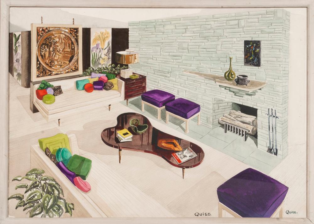 TWO MID-CENTURY INTERIOR SCENES SIGNED QUIGG (1 of 5)