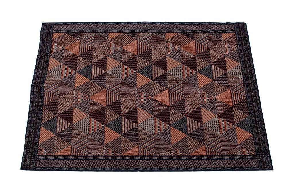 MODERN HALL RUG: MODERN HALL RUG New. Rows of alternating triangles in earthy tones with matching all around outer border. 8' length, 5' 7" width Notes Belgium, for Concepts International.