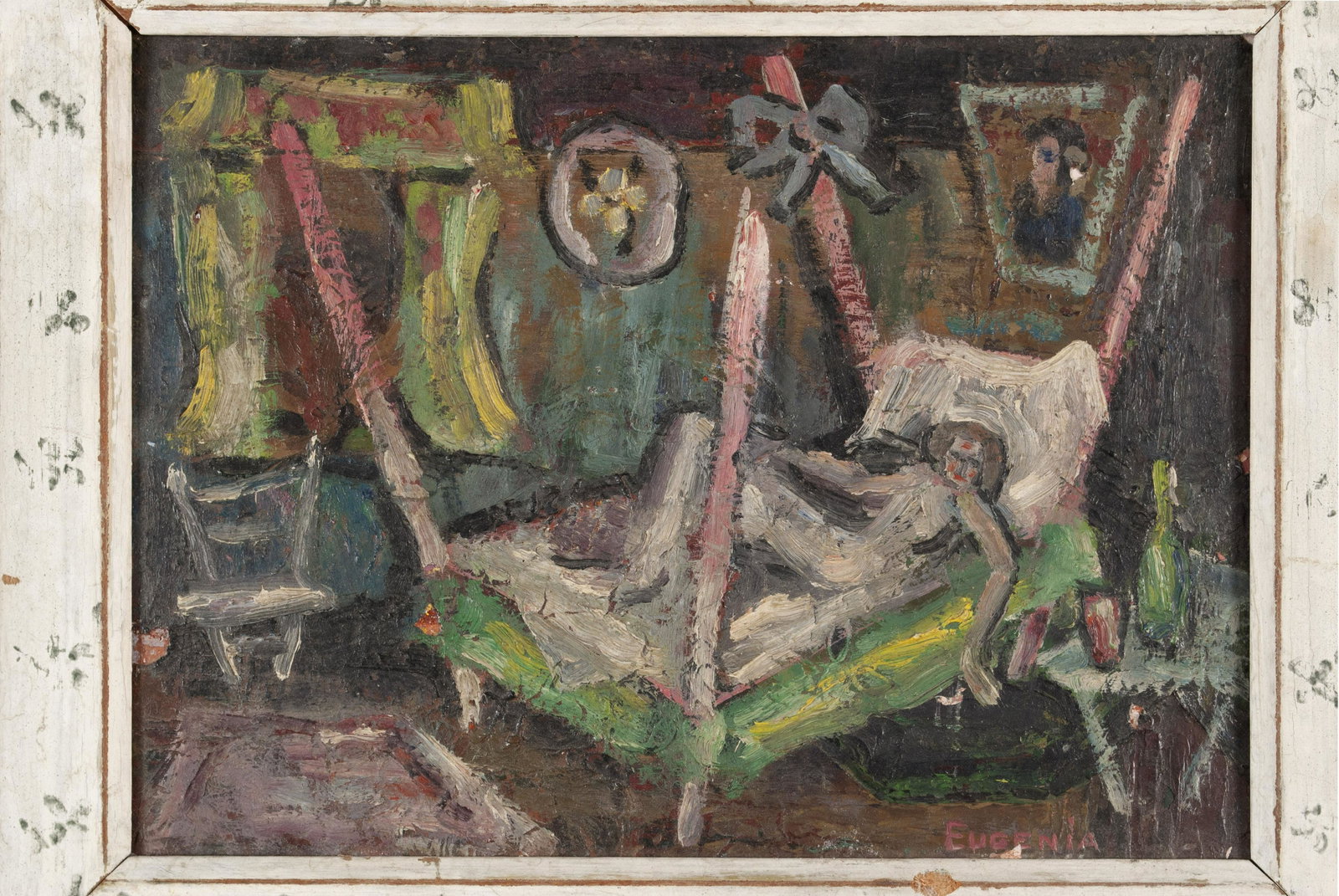 INTERIOR SCENE SIGNED EUGENIA: INTERIOR SCENE SIGNED EUGENIA MRS. LAFON GOES VACATIONING Oil on board, signed back side with personal notations and dated 1944. Interior scene with woman on bed. Framed: 11.5" height, 14.5" width
