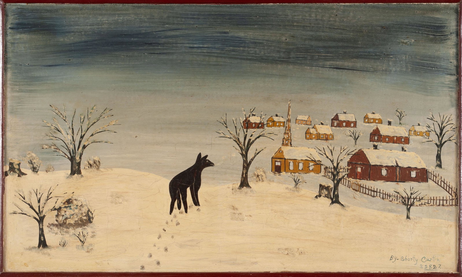 AMERICAN SCHOOL FOLK ART PAINTING BY SHORTY CURTIS: AMERICAN SCHOOL FOLK ART PAINTING BY SHORTY CURTIS Oil on canvas winter landscape depicting a black wolf overlooking village, signed and dated 2/28/27 lower right, framed.Collection of Jim & Susie Coo