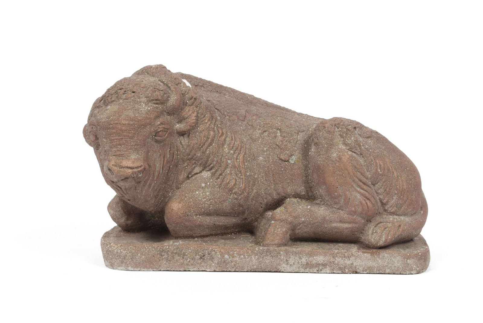 AMERICAN CAST-STONE BISON: AMERICAN CAST-STONE BISONEarly 20th century, concrete. Recumbent cast bison upon base as garden sculpture.Collection of Jim & Susie Cooper, Wild Horse Antiques, Chesterfield Valley, MO. 10" height, 16