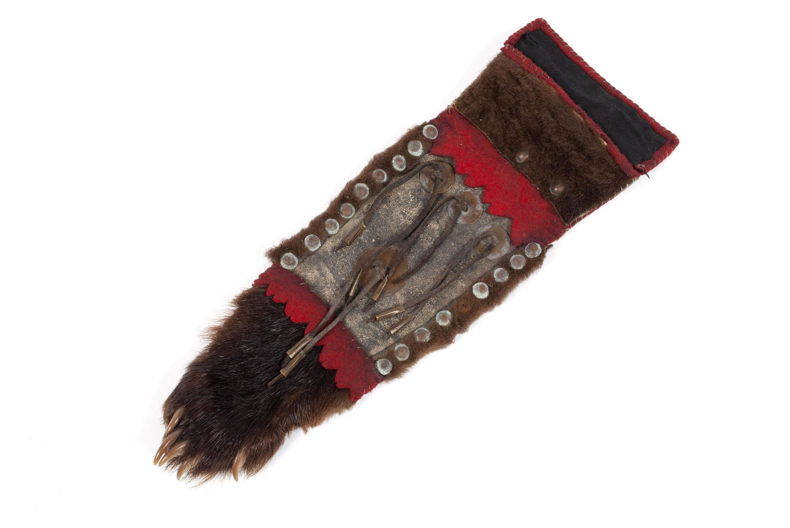 NATIVE AMERICAN BEAR PAW BAG: NATIVE AMERICAN BEAR PAW BAGMid-20th century, likely Cree. Brown bear paw, leather and velvet with applied copper.Collection of Jim & Susie Cooper, Wild Horse Antiques, Chesterfield Valley, MO. 13.5"