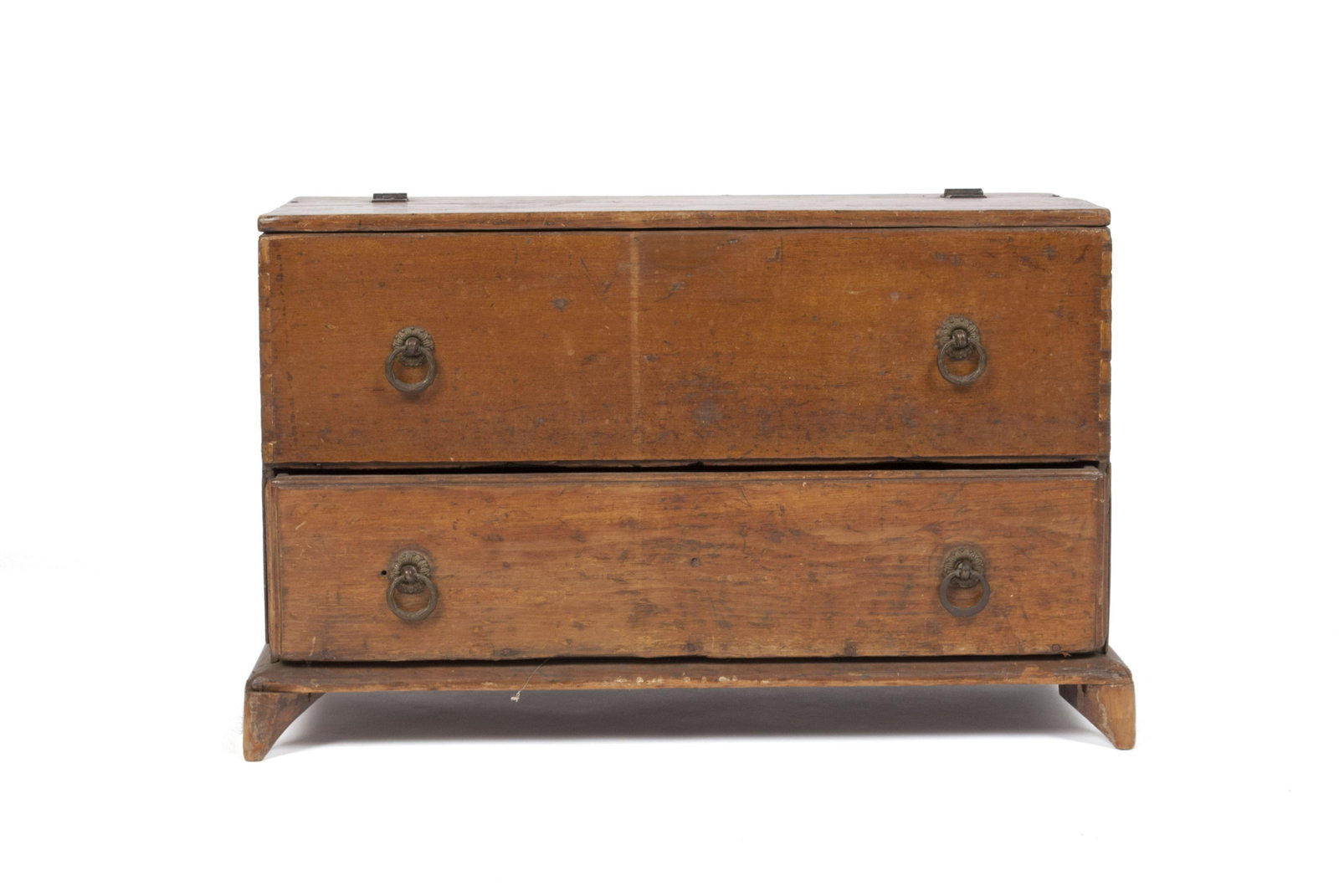 SOUTHERN TABLETOP SUGAR CHEST: SOUTHERN TABLETOP SUGAR CHEST American, 19th century. Hinged compartment on top with drawer mask to the front and a matching long drawer beneath with slender feet. 14.5" height, 24" width, 12" depth