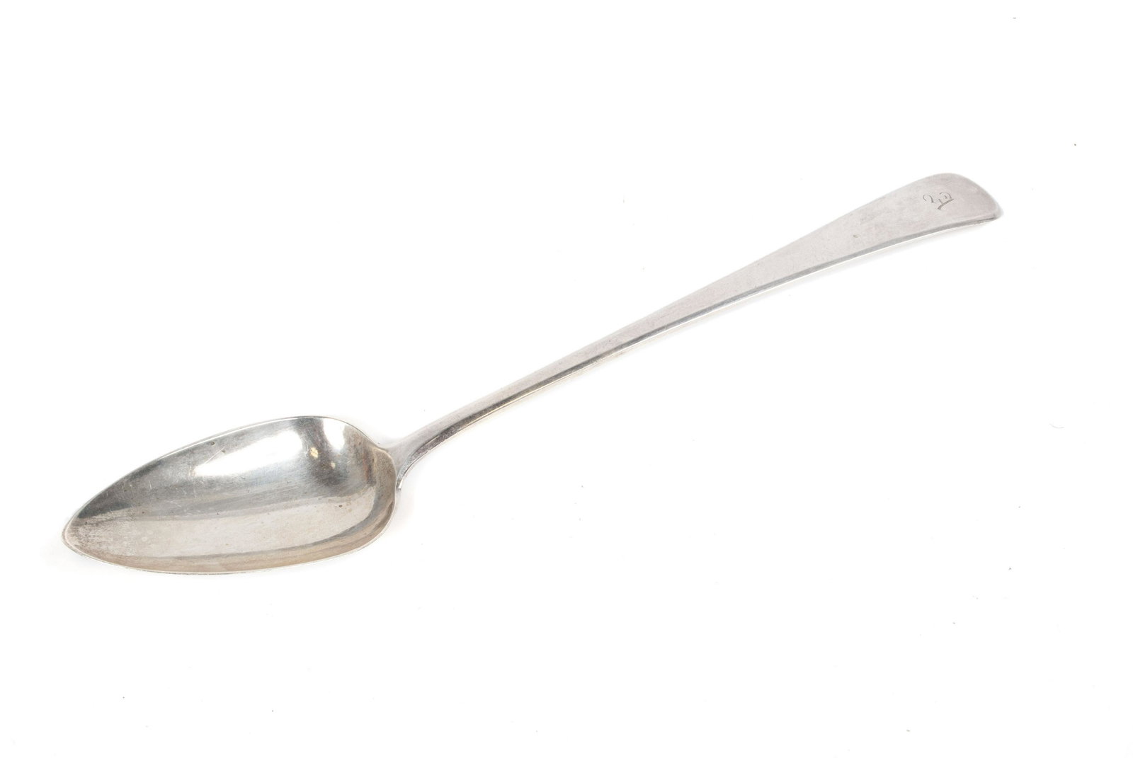 STEPHEN ADAMS II BASTING SPOON: STEPHEN ADAMS II BASTING SPOON England, 1810. Large silver spoon fully hallmarked (London) and dated "1810" to the back, monogrammed with an "A" to the front. 115 grams; 11.75" length