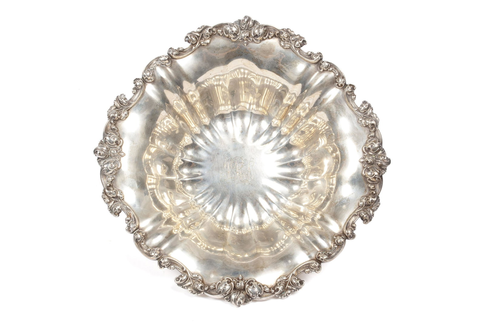 SILVER BOWL BY WHITING: SILVER BOWL BY WHITING American, ca.1900, sterling. Rococo style foliate rim, monogrammed. 570g; 2.75" height, 10.3" square