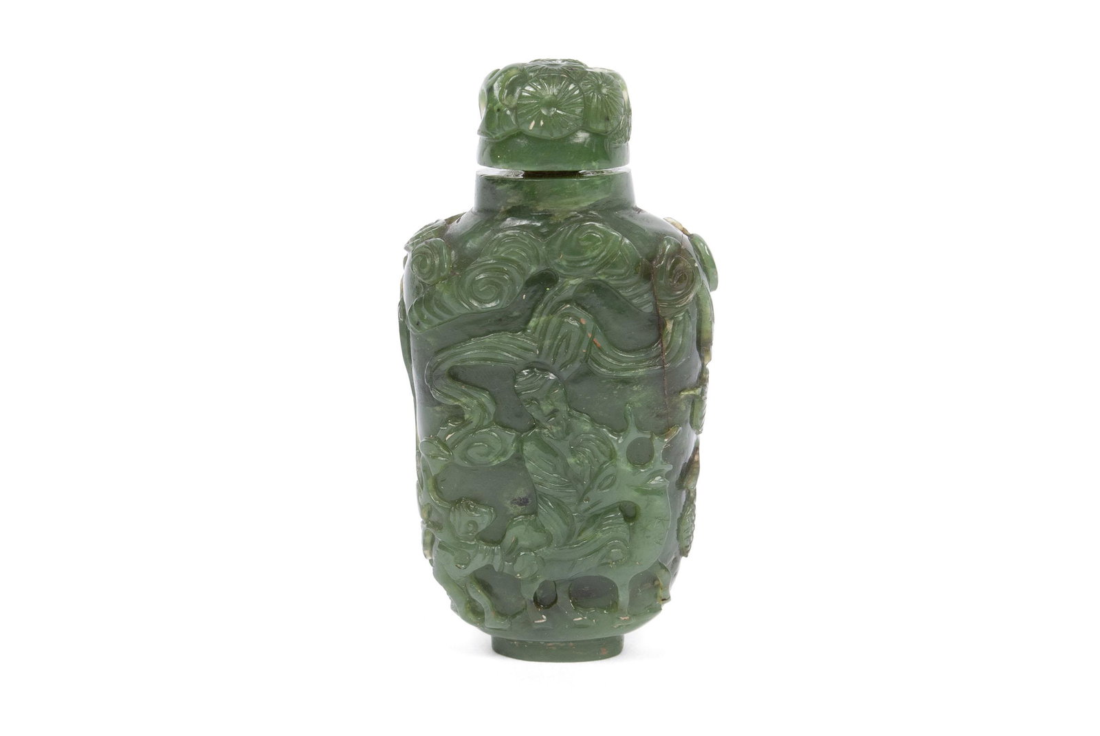 CHINESE SPINACH JADE SNUFF BOTTLE: CHINESE SPINACH JADE SNUFF BOTTLE China, 19th century, jadeite. All over carving depicting a crane to one side and the opposite having a figure atop deer being followed by monkey. Ex Christie's auctio