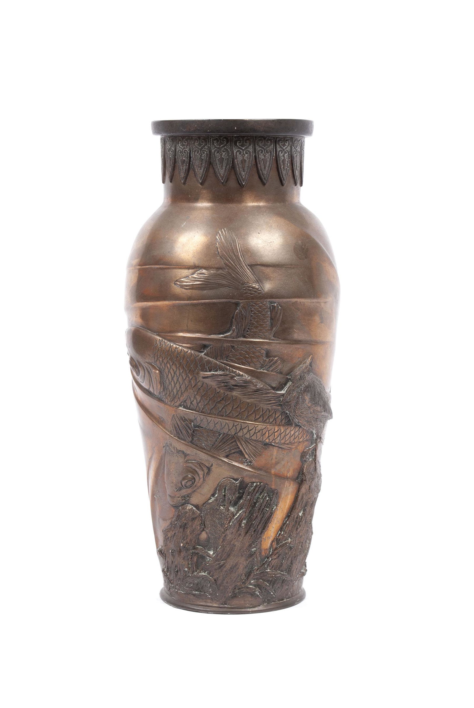 LATE MEIJI JAPANESE BRONZE KOI VASE: LATE MEIJI JAPANESE BRONZE KOI VASE Japan, late 19th - early 20th century. Disc rim above lotus petal neck and body of detailed relief underwater depiction. 18.5" height