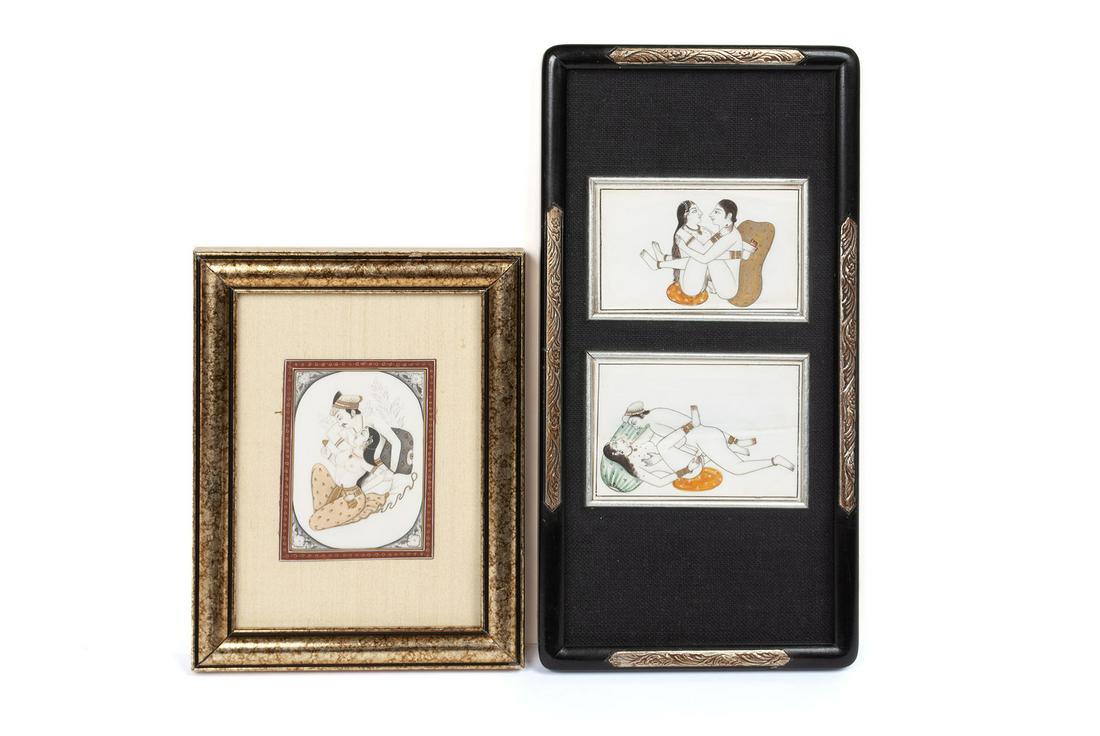 EROTIC MUGHAL PERSIAN PORTRAITURE: EROTIC MUGHAL PERSIAN PORTRAITURE Middle East, late 19th - early 20th century, enamel on organic material. Three plaques with depictions of copulating. Larger frame: 12.5" height, 6.25" width.