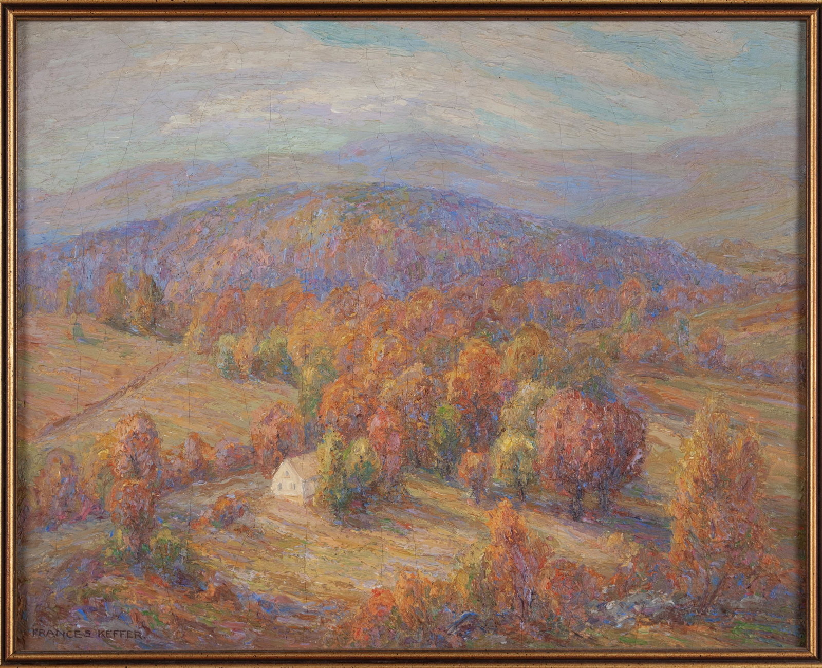 FRANCES ALICE KEFFER (AMERICAN, 1881-1953): FRANCES ALICE KEFFER (AMERICAN, 1881-1953) Oil on canvas, signed. High impasto sprawling forest autumn landscape interspersed with fields, a small white house nestled between trees, and hazy mountain 