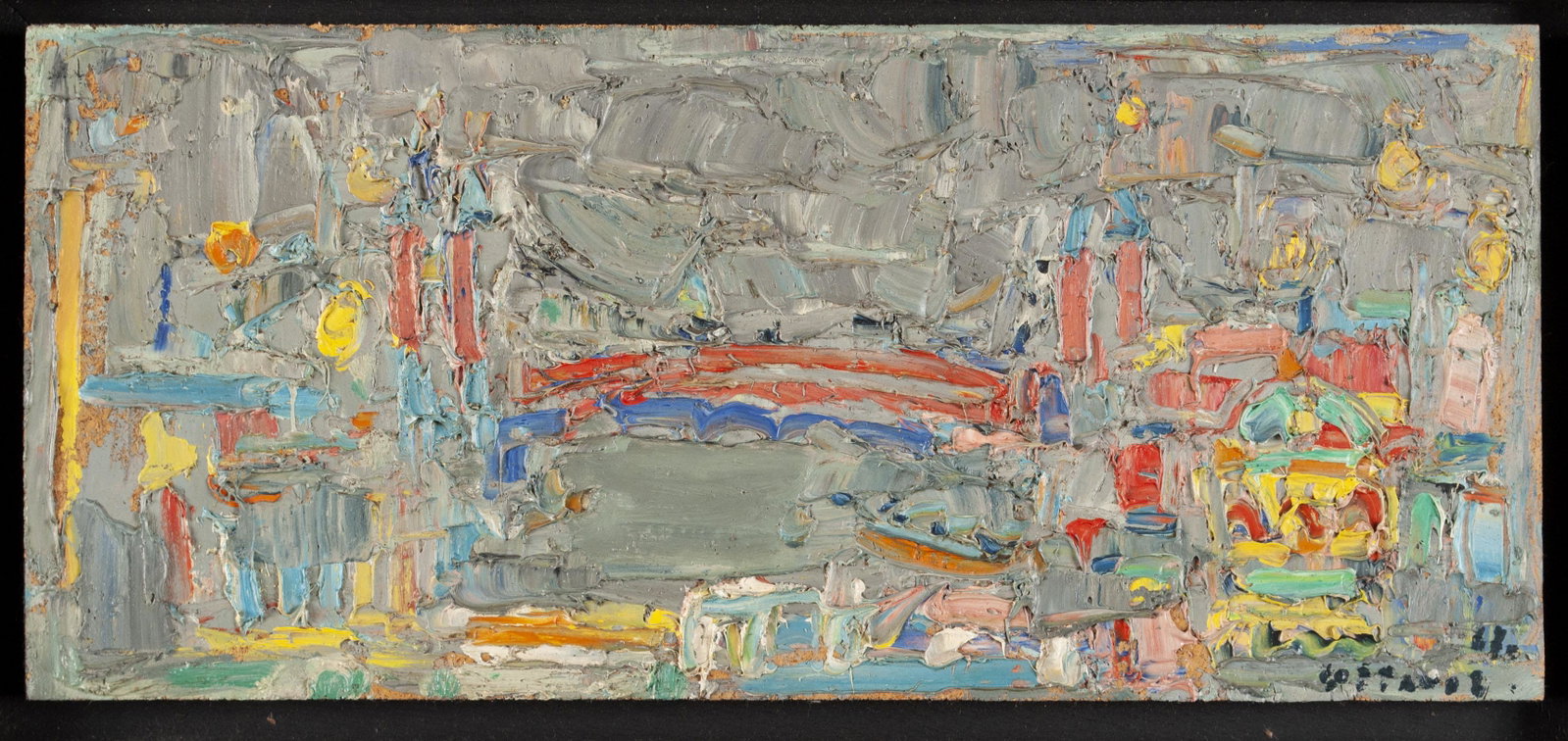ANDRE COTTAVOZ (FRENCH, 1922-2012): ANDRE COTTAVOZ (FRENCH, 1922-2012) Pont de Chelsea Heavy impasto oil on wood panel. Signed front and back and dated 1967. Mounted inside gilt and black wood frame. Panel: 7" height, 15.5" width; frame
