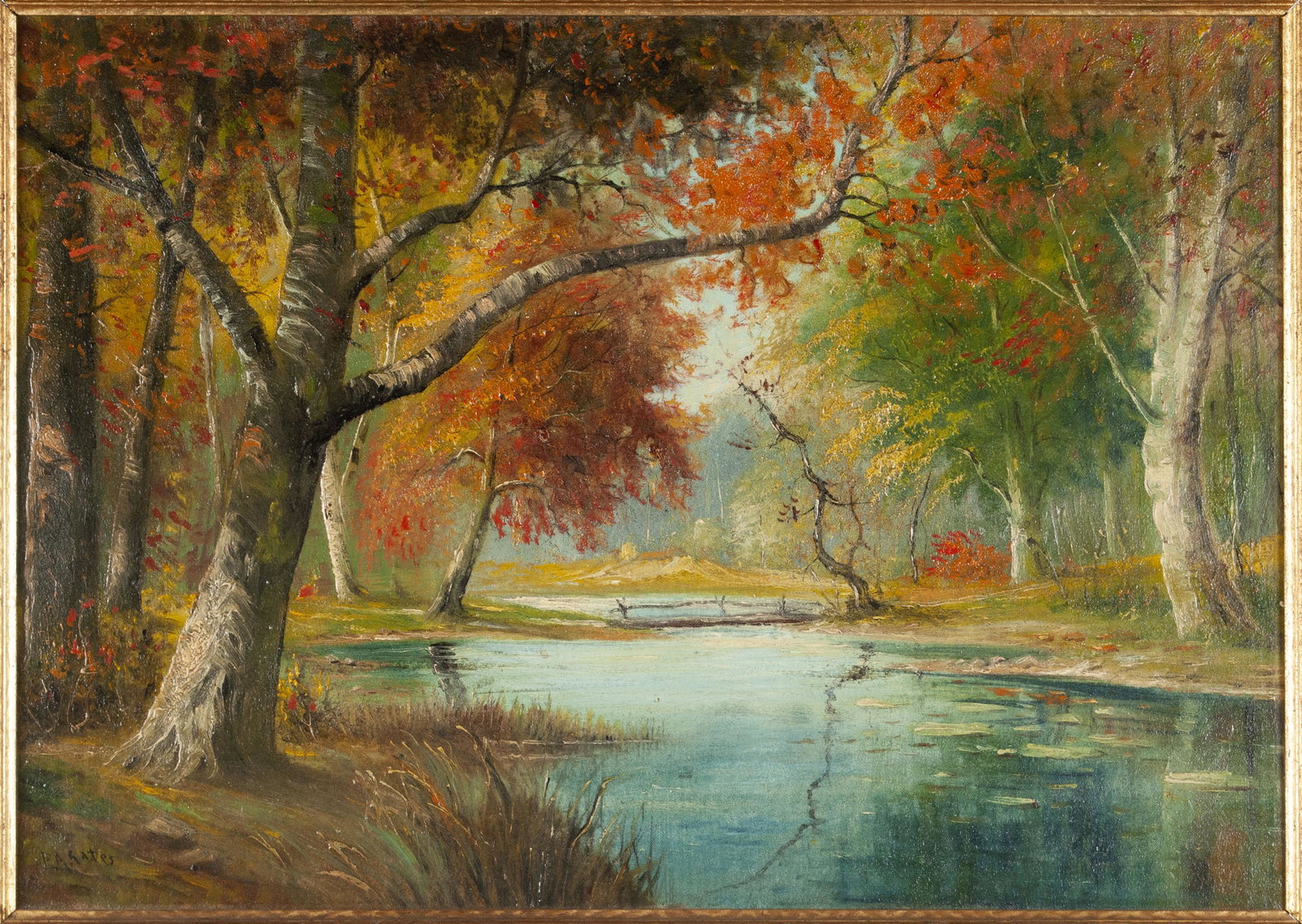 EDWIN ALLSAINTS GATES (AMERICAN, 1875-1950): EDWIN ALLSAINTS GATES (AMERICAN, 1875-1950) Oil on canvas. Bright forest landscape with early autumn colors and wide stream running through towering trees. Signed lower left. Gilt wood frame with bran