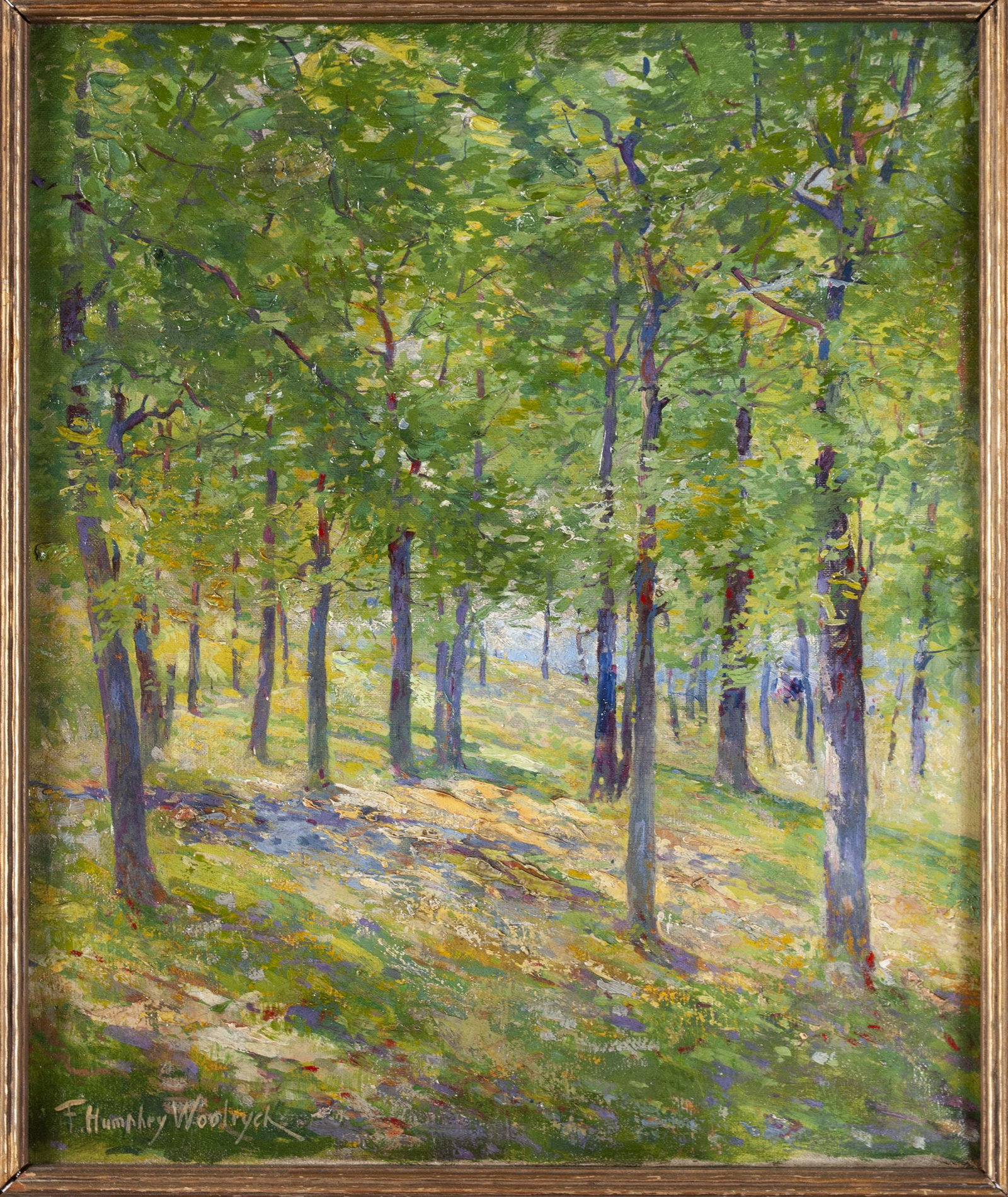 FRANCIS HUMPHREY W. WOOLRYCH (AMERICAN, 1868-1941): FRANCIS HUMPHREY W. WOOLRYCH (AMERICAN, 1868-1941) Oil on canvas of a forest floor in springtime, dotted with thin tree trunks with red and blue highlights. with a sliver of blue sky over the distant 