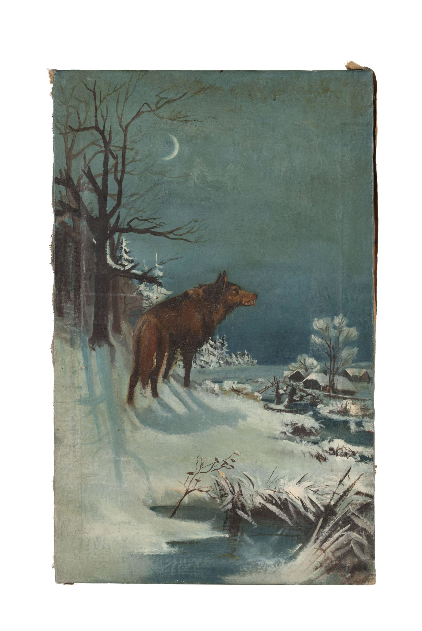WINTER LANDSCAPE: WINTER LANDSCAPE Unframed oil on canvas of a lone wolf at moonrise standing at the crest of a snowy hill. Signed illegibly lower right. 29.25" height, 18.25" width.