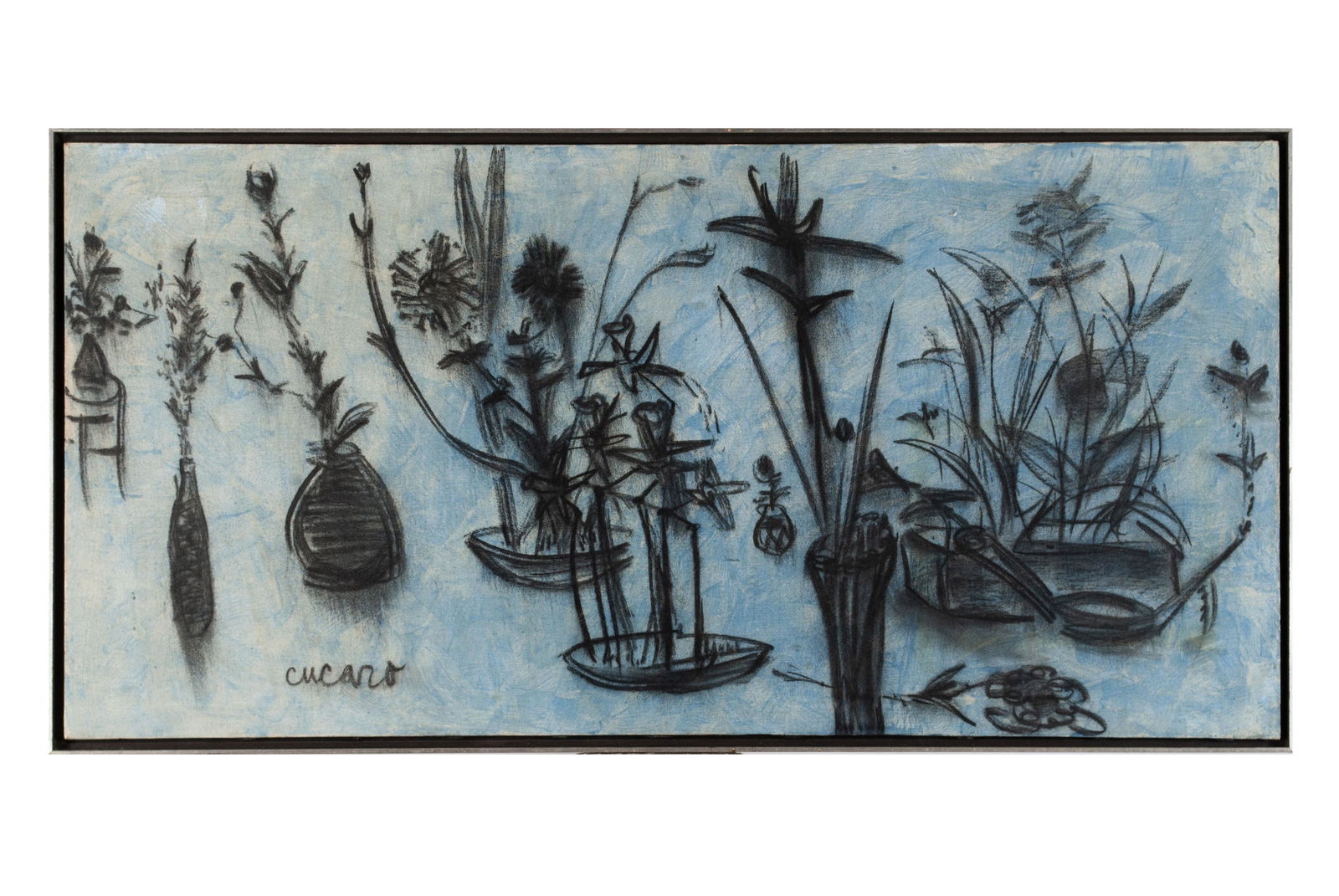 PASCAL CUCARO (1915-2004): PASCAL CUCARO (1915-2004)Oil on canvas, signed. Assorted still life images in black, on a blue ground.Back side of canvas bears large circular ink stamp for "Cucaro - Cory Gallery" of San Francisco, C