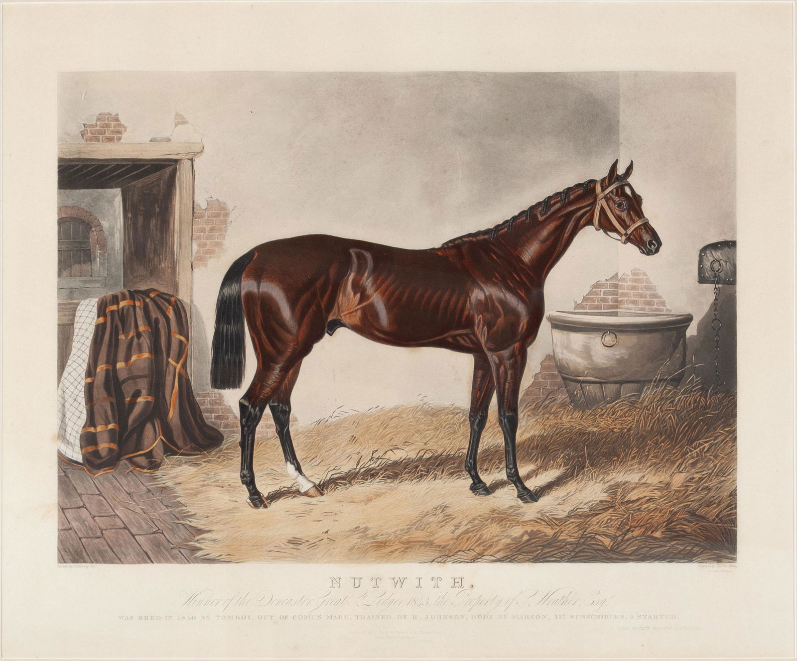 EQUESTRIAN IMAGE OF NUTWITH AFTER J. F. HERRING: EQUESTRIAN IMAGE OF NUTWITH AFTER J. F. HERRINGHand colored engraving by Charles Hunt, 19th century. A full profile portrait in the stables of the "Winner of the Doncaster Great St. Ledger, 1843, the