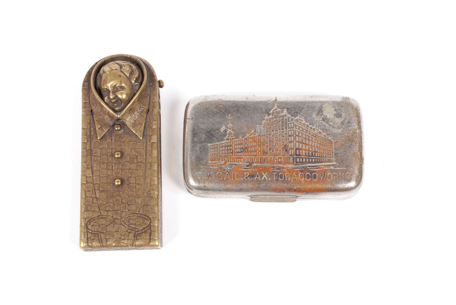 FIGURAL MATCH SAFE TOGETHER WITH A TOBACCO BOX (1 of 8)