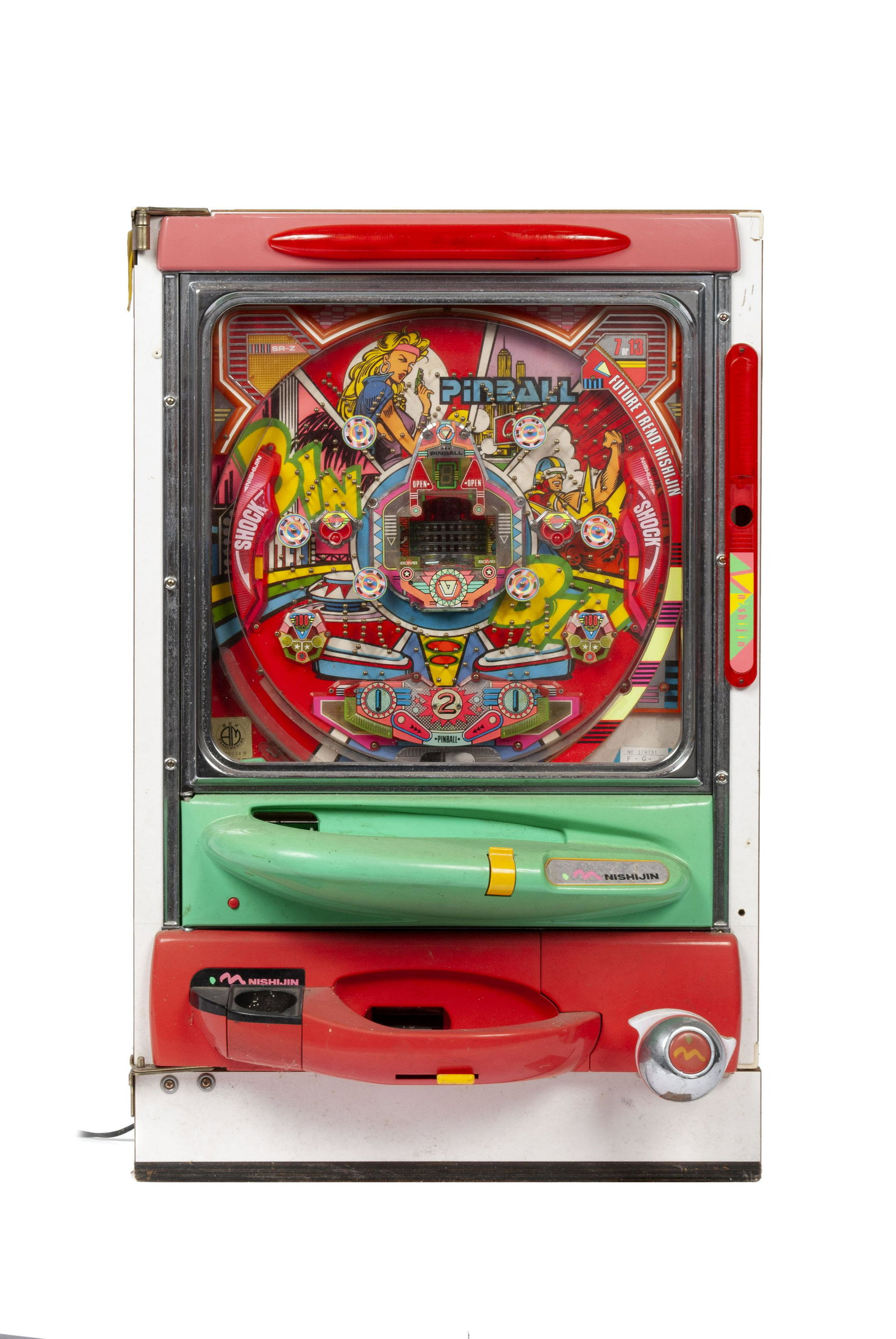 NISHIJIN PACHINKO PINBALL MACHINE: NISHIJIN PACHINKO PINBALL MACHINELate 20th century. Lights and motors in working condition. Wooden frame with red and green plastic front, metal components, images to action center include a woman blo