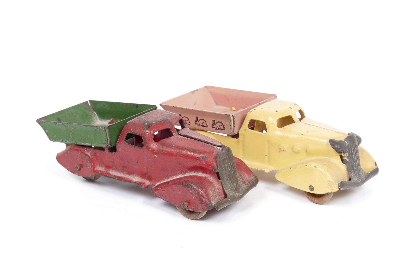 TWO PRESSED STEEL TOY DUMP TRUCKS (1 of 4)