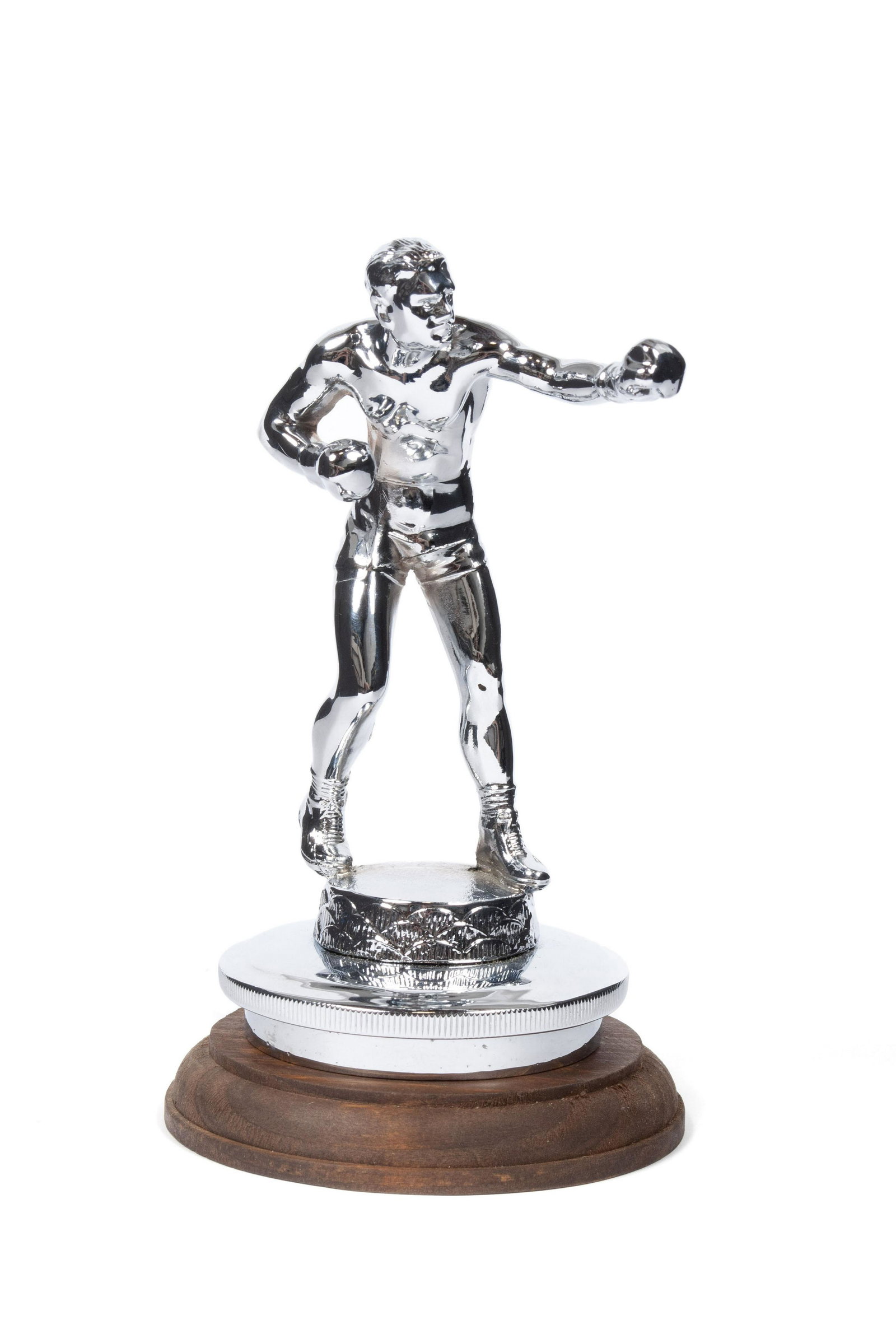 BOXER HOOD ORNAMENT: BOXER HOOD ORNAMENT Figural radiator cap showing a boxer with gloves up. 6" height