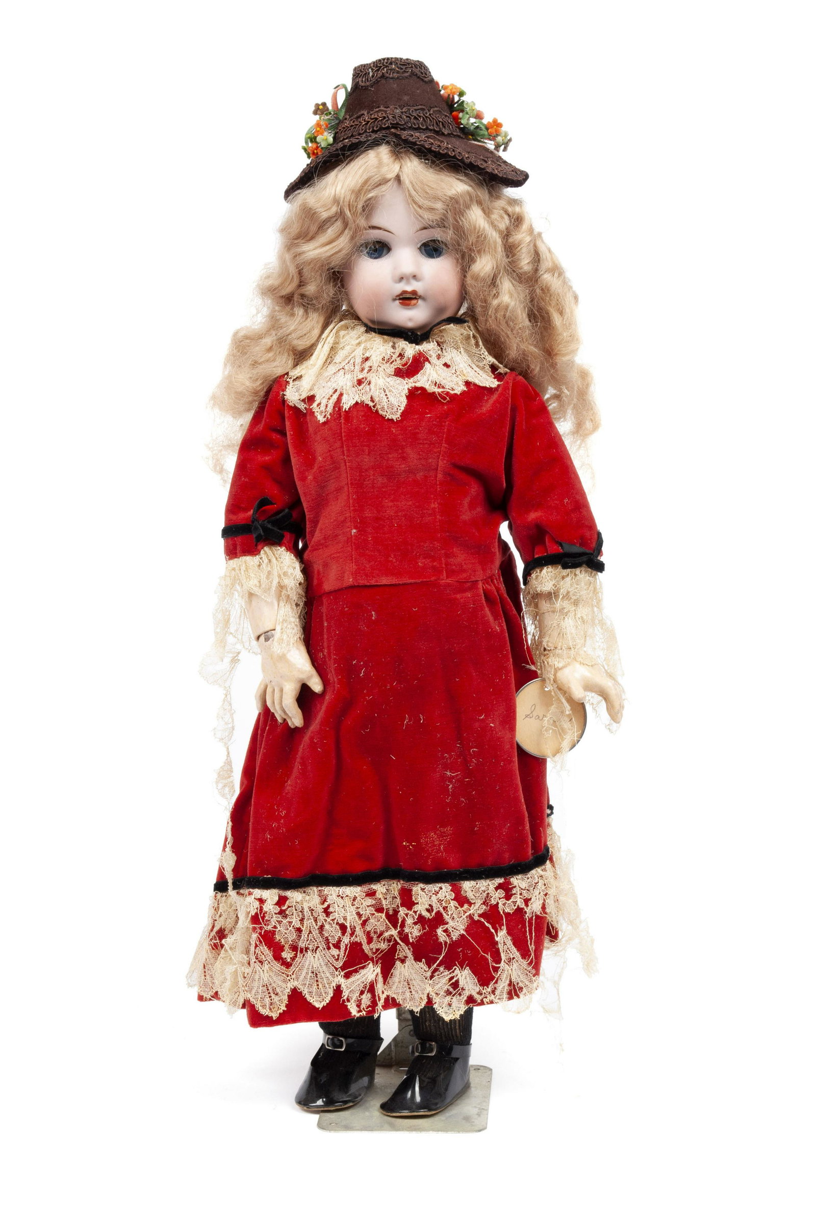 FRENCH BISQUE HEAD DOLL: FRENCH BISQUE HEAD DOLL Head marked low on the neck with "9", with dimpled chin. Set eyes with open mouth and teeth, jointed neck, shoulders, elbows, wrists, hips and knees. 23" height