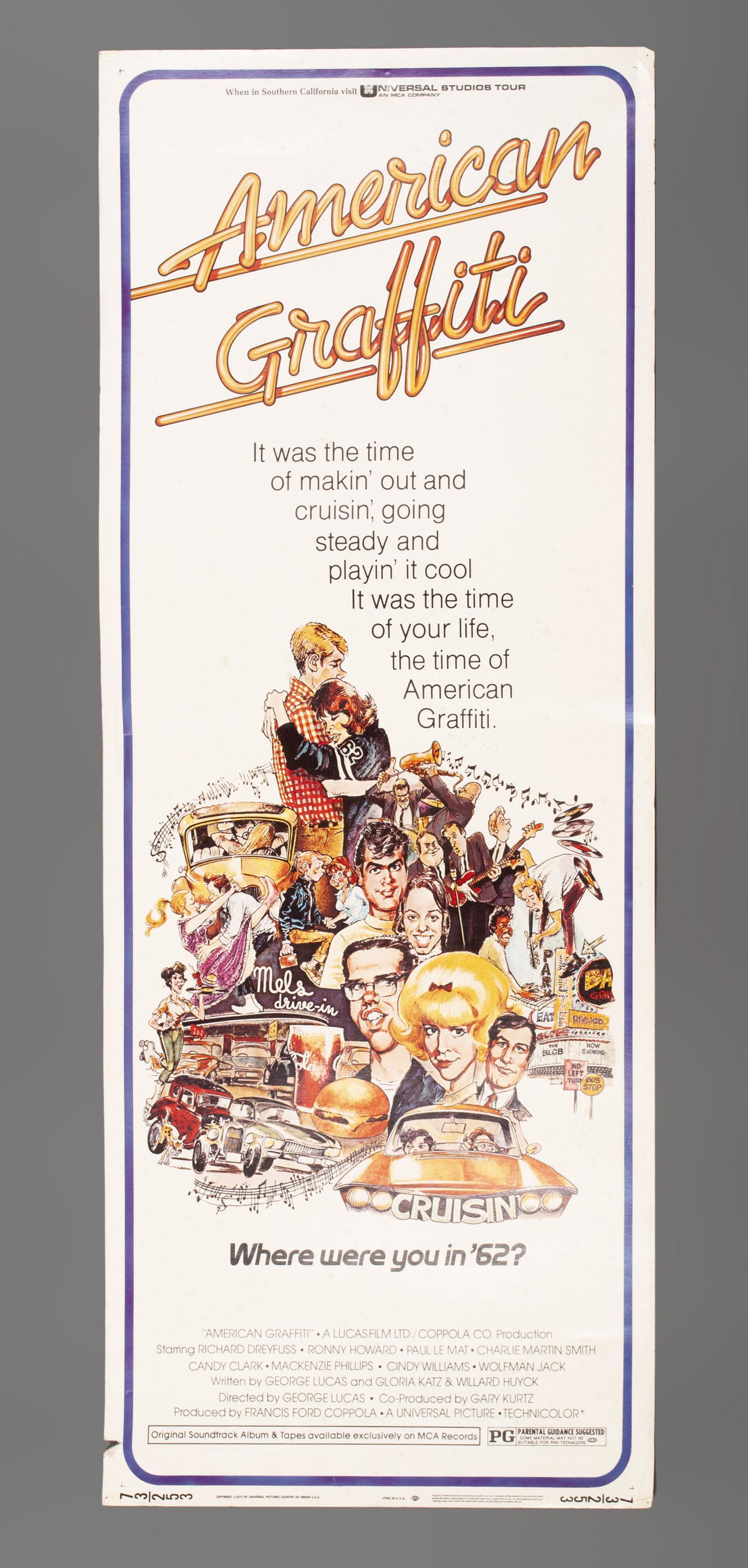 AMERICAN GRAFFITI ORIGINAL COLOR INSERT: AMERICAN GRAFFITI ORIGINAL COLOR INSERT Universal Pictures, 1973. Produced by Francis Ford Coppola, directed by George Lucas, starring Richard Dreyfuss, Ronny Howard, Mackenzie Phillips, Cindy William