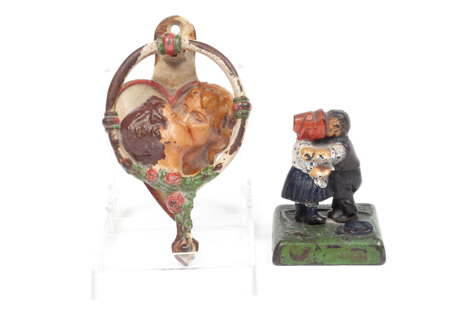 TWO HUBLEY CAST IRON FIGURE GROUPS OF LOVERS KISSING (1 of 4)