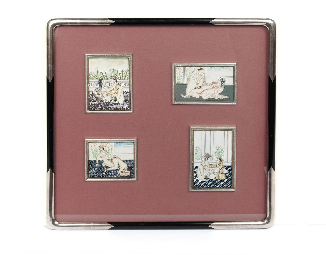 KAMA SUTRA PERSIAN MUGHAL PORTRAITURE: KAMA SUTRA PERSIAN MUGHAL PORTRAITURE Middle East, late 19th- early 20th century, enamel. Four framed erotica depictions. 15" height, 15.25" width