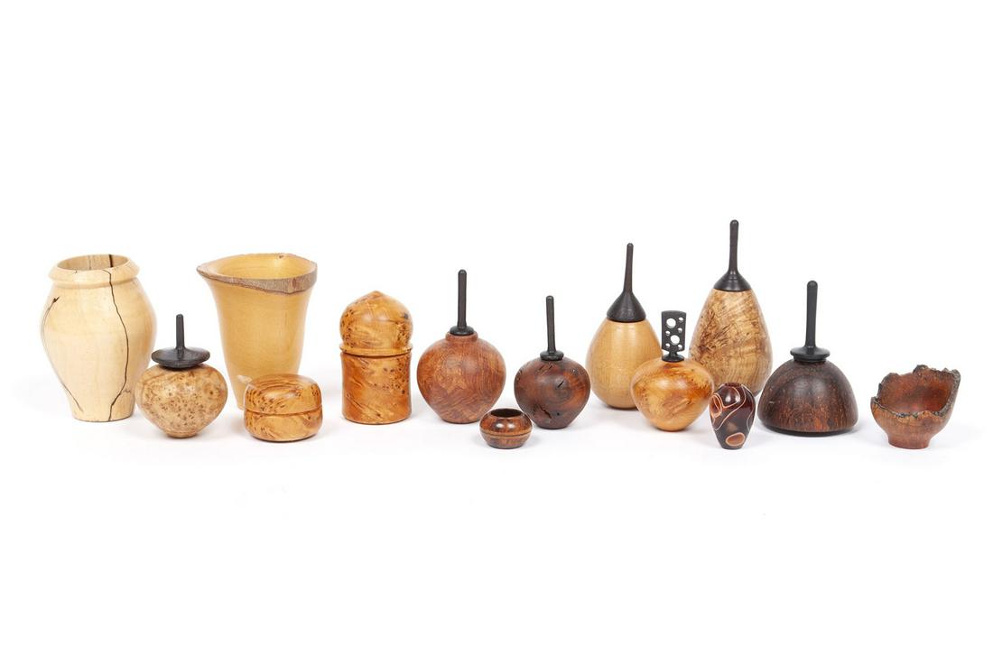 COLLECTION OF MINIATURE WOOD TURNINGS BY CRAIG LOSSING: COLLECTION OF MINIATURE WOOD TURNINGS BY CRAIG LOSSING AND KIP POWERS American southwest, 21st century. Exotic wood creations by these artistic wood turners, including 6 with ebonized stopper type lid