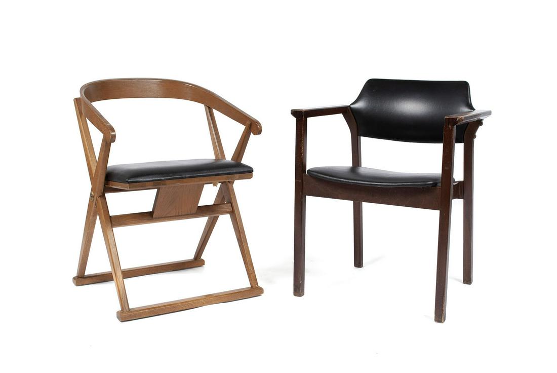 COMPANION MCM CHAIRS: COMPANION MCM CHAIRS American, mid 20th century. Henredon Campaign chair together with mid century black Naugahyde arm chair.