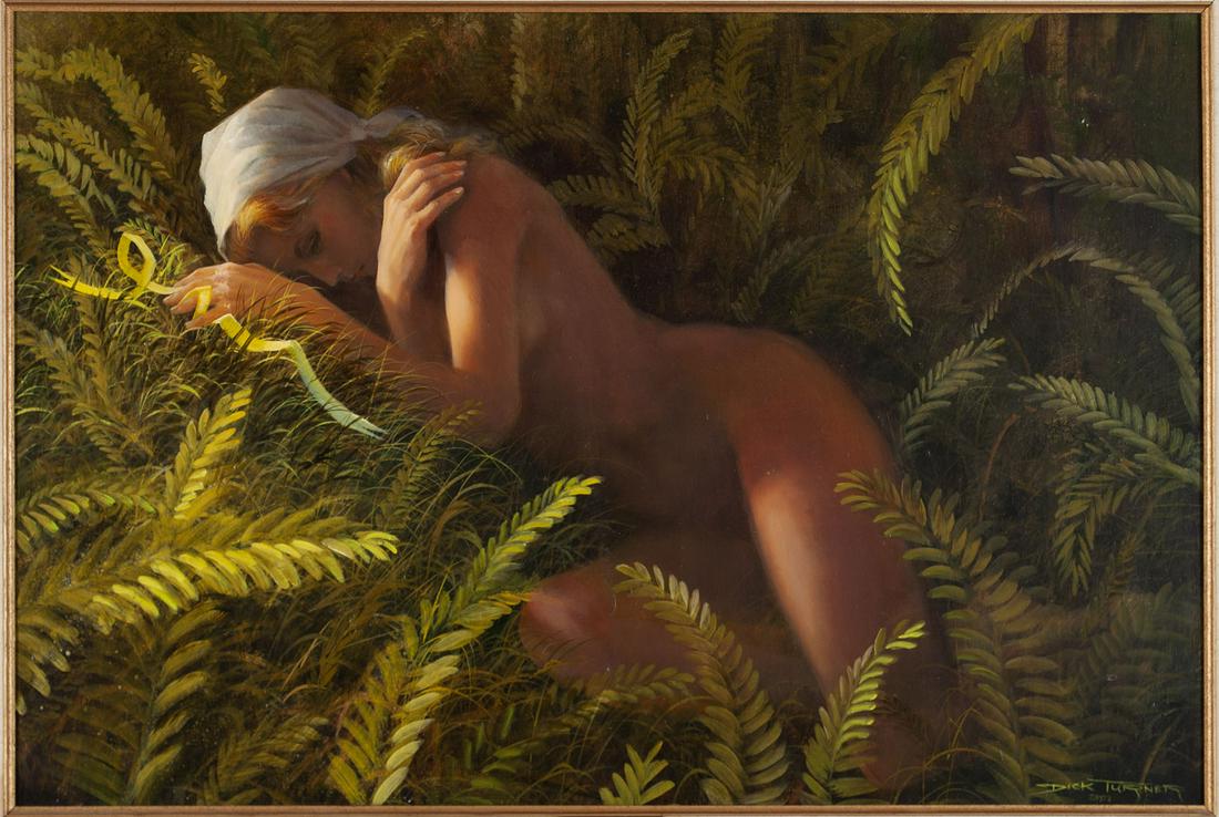 REUNION BY DICK TURNER (AMERICAN, 20TH CENTURY): REUNION BY DICK TURNER (AMERICAN, 20TH CENTURY) Oil on canvas, signed lower portion. A recumbent damsel nude in a field of greenery, framed. Frame: 32" height, 44" width
