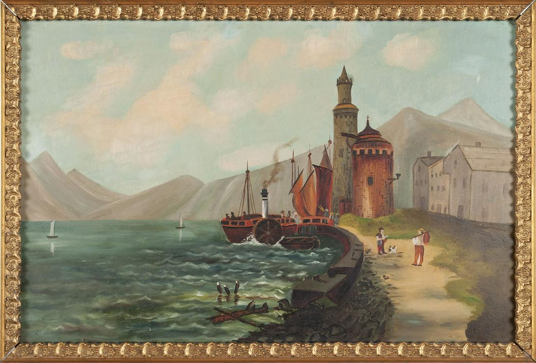 FOLK ART SEASCAPE: FOLK ART SEASCAPE Oil on canvas of a harbor with a medieval structure at the crest of a small hill, buildings and mountains in the distance, with two figures headed in opposite directions pausing alon