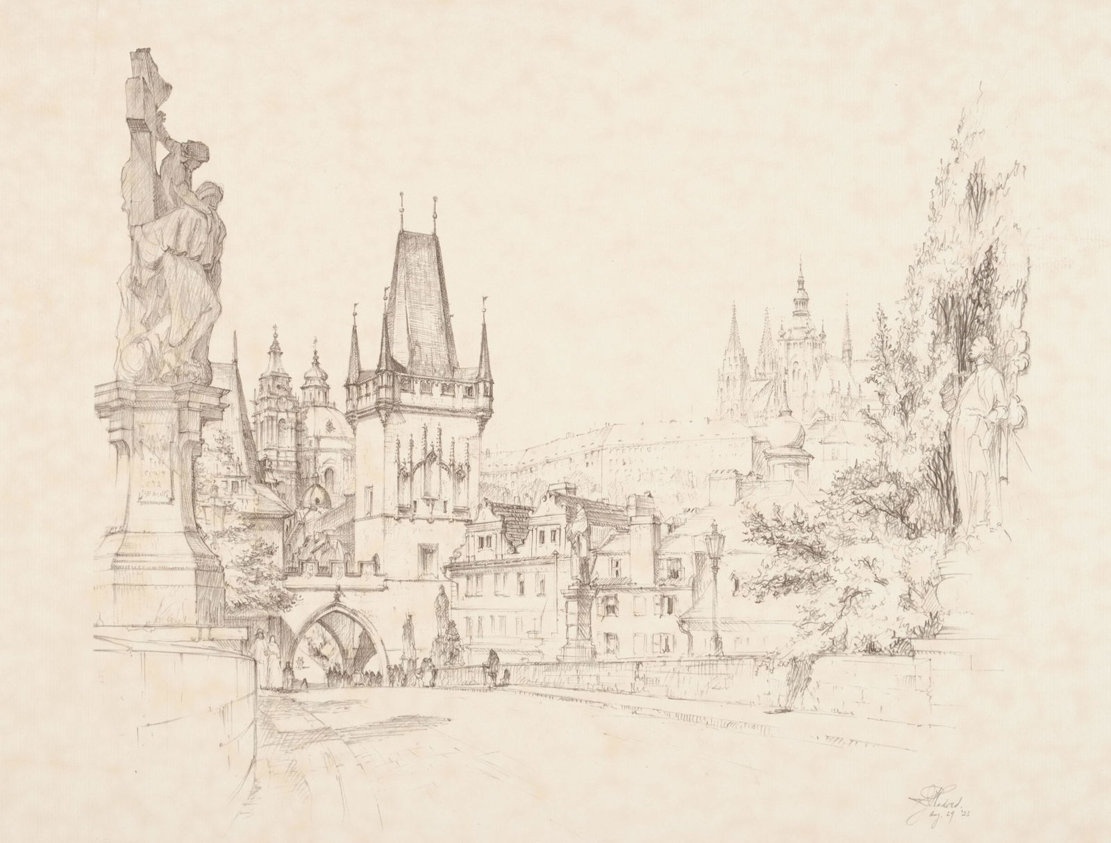 PENCIL SKETCH OF CHARLES BRIDGE IN PRAGUE (1 of 4)