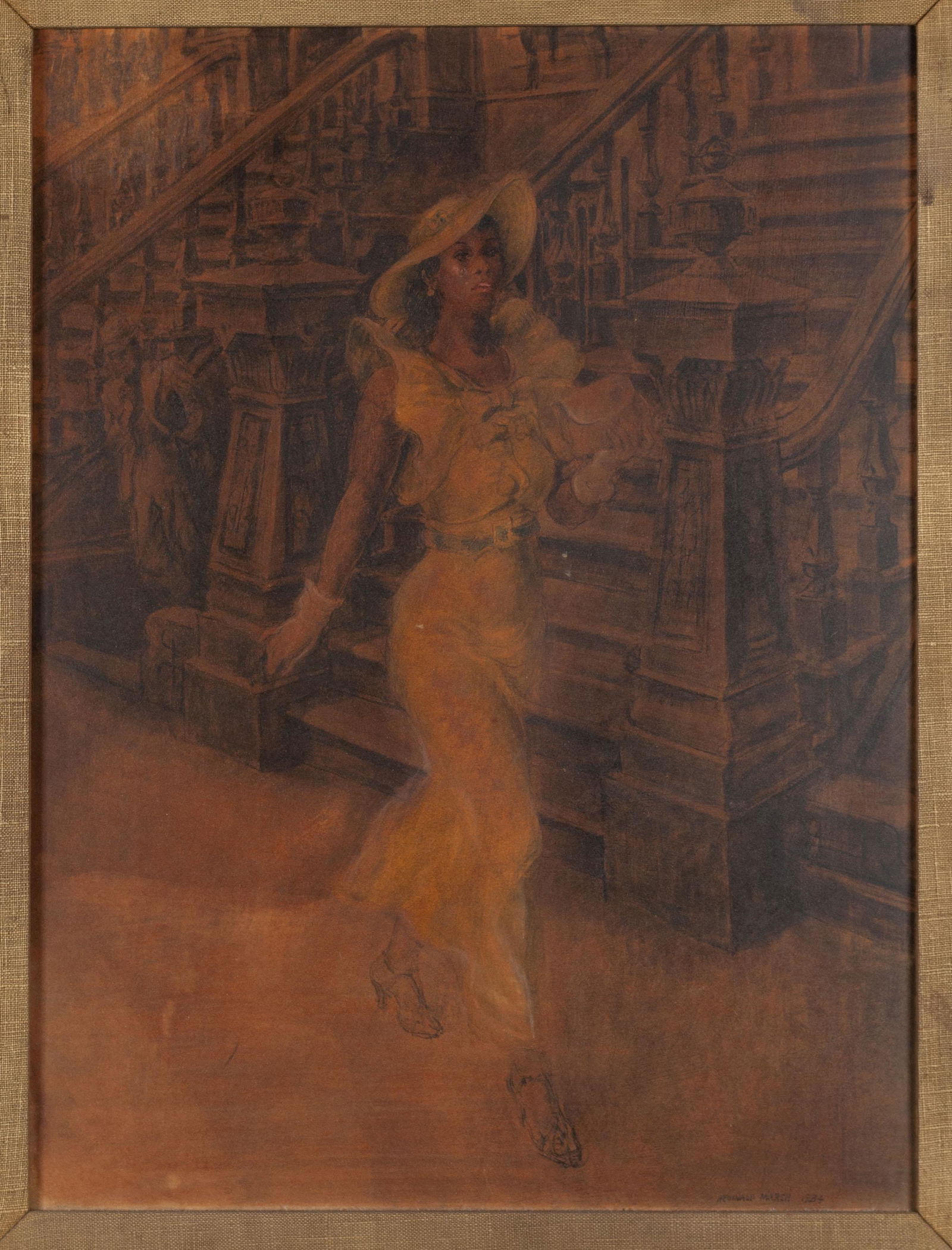 AFTER REGINALD MARSH (AMERICAN, 1898-1954): AFTER REGINALD MARSH (AMERICAN, 1898-1954)High YallerPrinted on panel. A low-lit, full portrait of a black woman dressed in a full-length yellow dress and wide brimmed yellow hat, white gloves and hee
