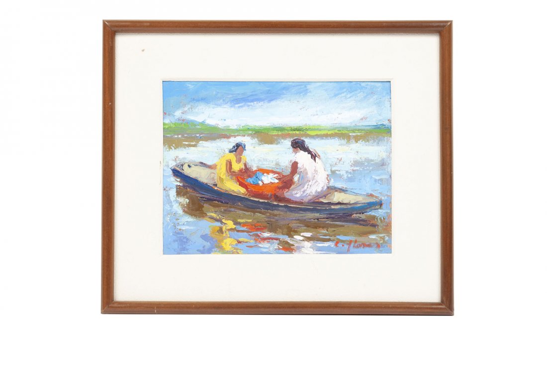 PERUVIAN OIL ON BOARD BOAT WITH FIGURES (1 of 3)