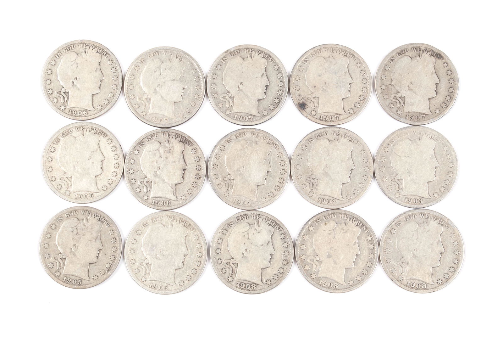 FIFTEEN BARBER SILVER HALF DOLLARS (1 of 4)