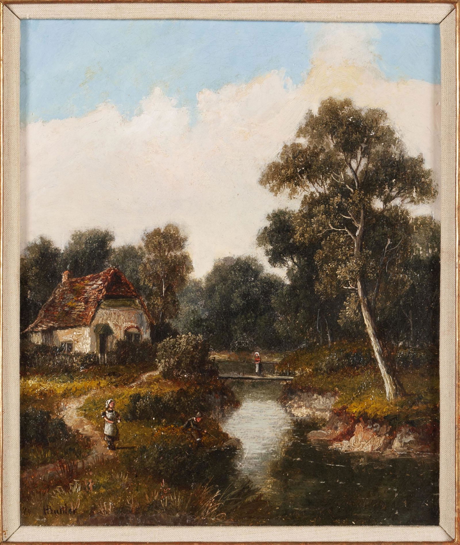 OIL PAINTING SIGNED H. BATTLER: OIL PAINTING SIGNED H. BATTLEROil on canvas of a cottage amongst trees, a young woman walking down a path leading from the house while another watches from a bridge, a man sitting down on the bank in