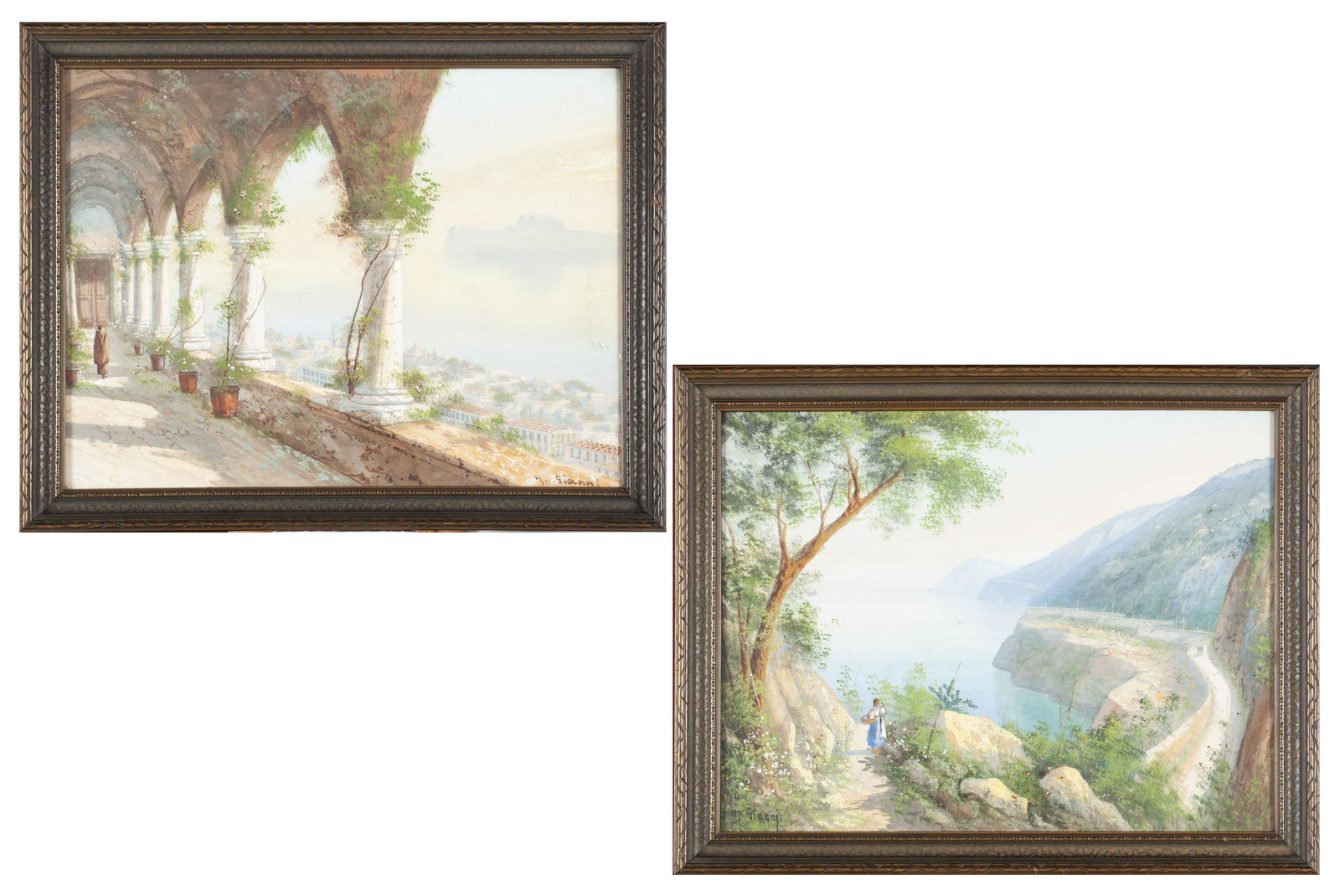 M. GIANNI (ITALIAN, 1873-1956): M. GIANNI (ITALIAN, 1873-1956)Pair of Mediterranean landscapes, both oil on canvas. The first a basket-bearing woman walking alone on a path overlooking a cove, the other of a figure walking in a pala