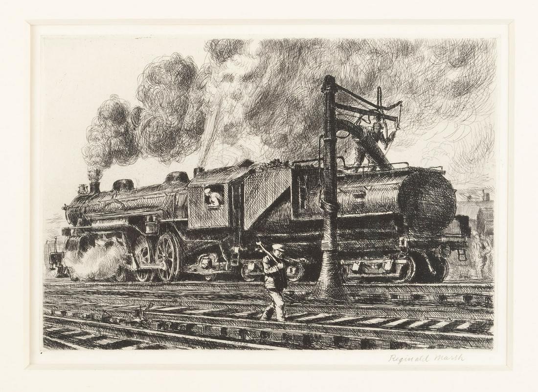 REGINALD MARSH (AMERICAN, 1898-1954): Locomotive - Erie WateringEtching, pencil signed, 1929. Locomotive and tender on the tracks., Acquired, Swann Galleries, Sale 2112, May 3, 2007., Impression: 6.9" height, 9.9" width; frame: 15.25" hei
