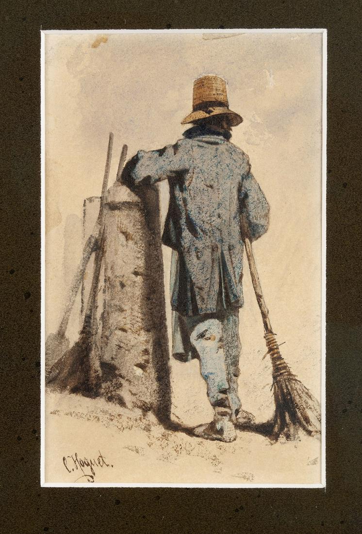 CHARLES HOGUET (FRENCH, 1821-1870): Chimney SweepWatercolor, signed. Rear view of the sweep in long coat leaning on a chimney., Sight: 5.4" height, 3.3" width; frame: 19" height, 16" width