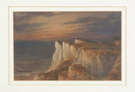 JOHN HENDERSON SCOTT (ENGLISH, 1829-1886): Sunset over Beachy HeadWatercolor on paper, signed, ca.1885. Cliffs along the sea., Sight: 8.5" height, 12.5" width; frame: 18.5" height, 23" width