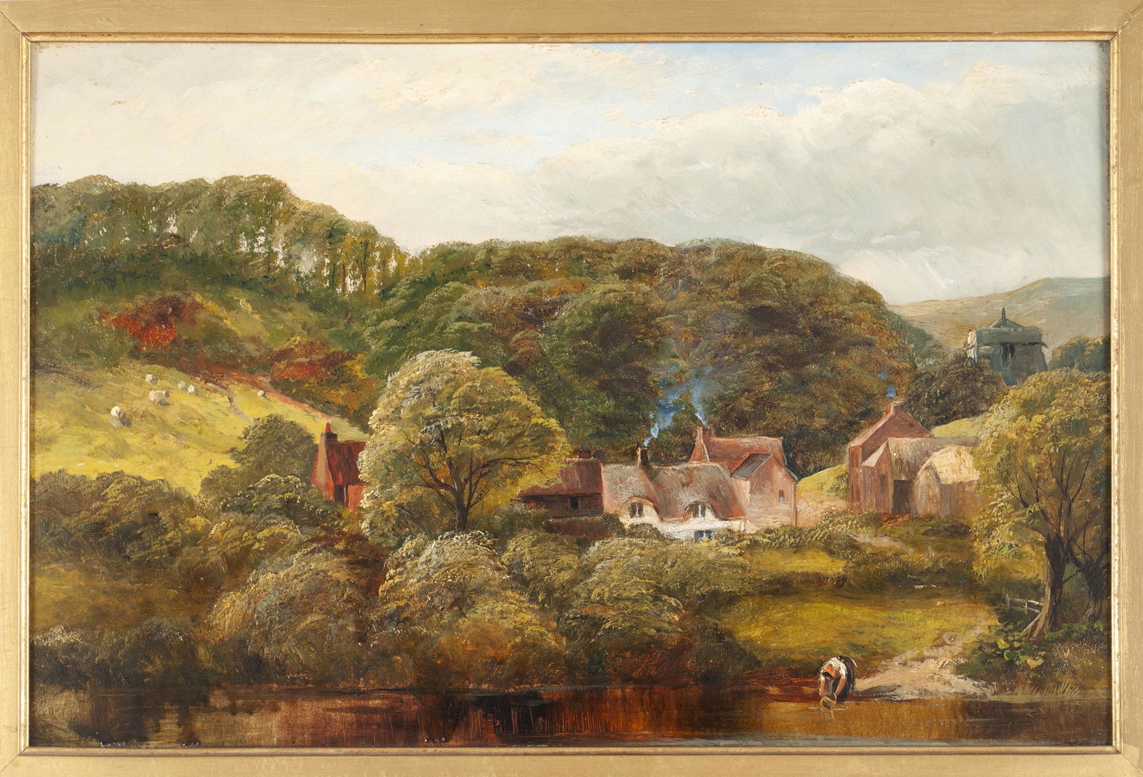 THOMAS HENRY THOMAS (ENGLISH, 1839-1915): Oil on board. Expansive landscape scene of bucolic countryside above a still lake, with sheep grazing on a distant hillside and houses emitting blue smoke, a woman in a headscarf kneeling in the foreg