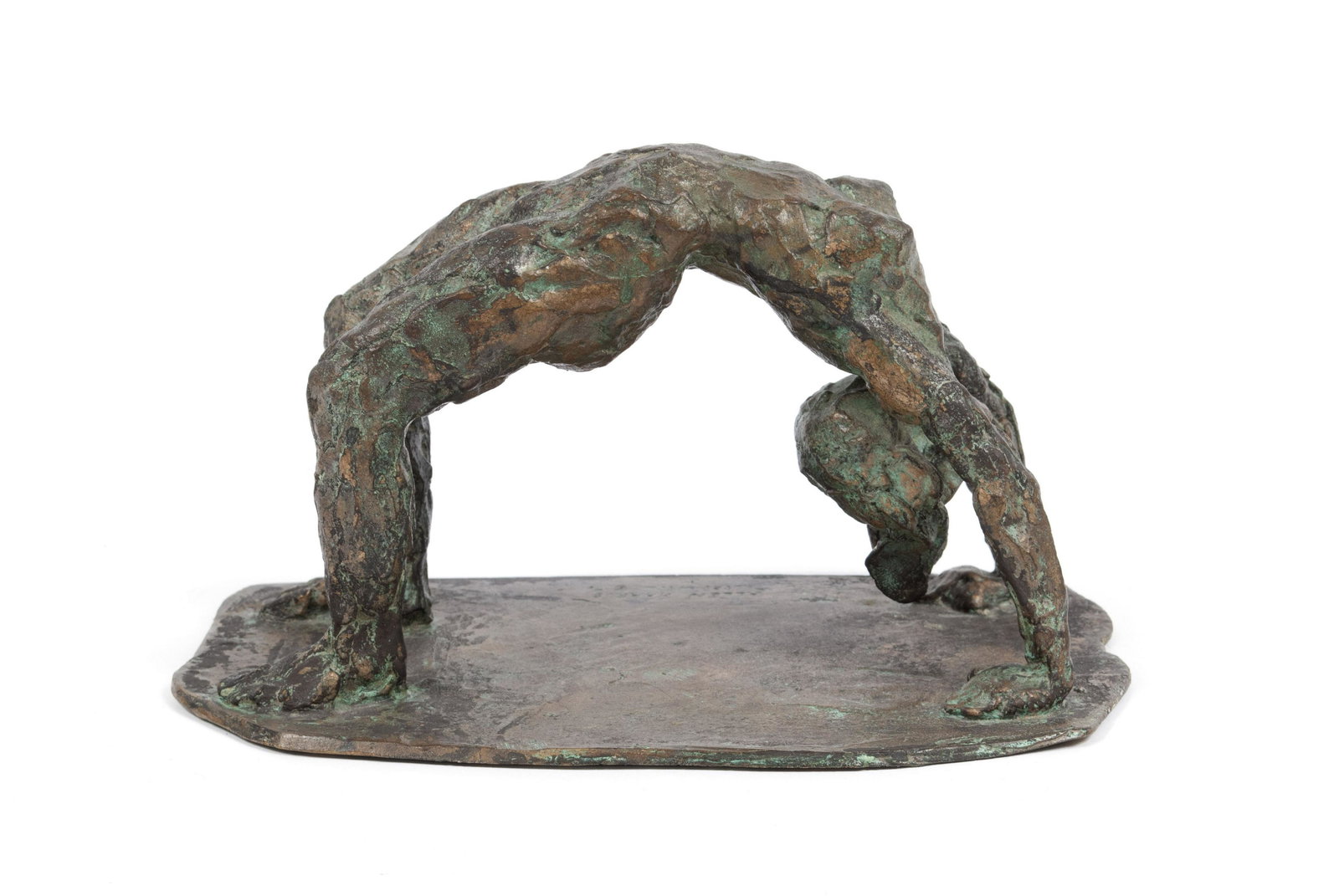 ALLEN HARRIS (AMERICAN, 20TH CENTURY): ALLEN HARRIS (AMERICAN, 20TH CENTURY) Bronze sculpture, signed to base and dated 1971. Brutalist style female figure in a backbend, upon inscribed, flat base. 5" height, 8.25" width, 5.25" depth