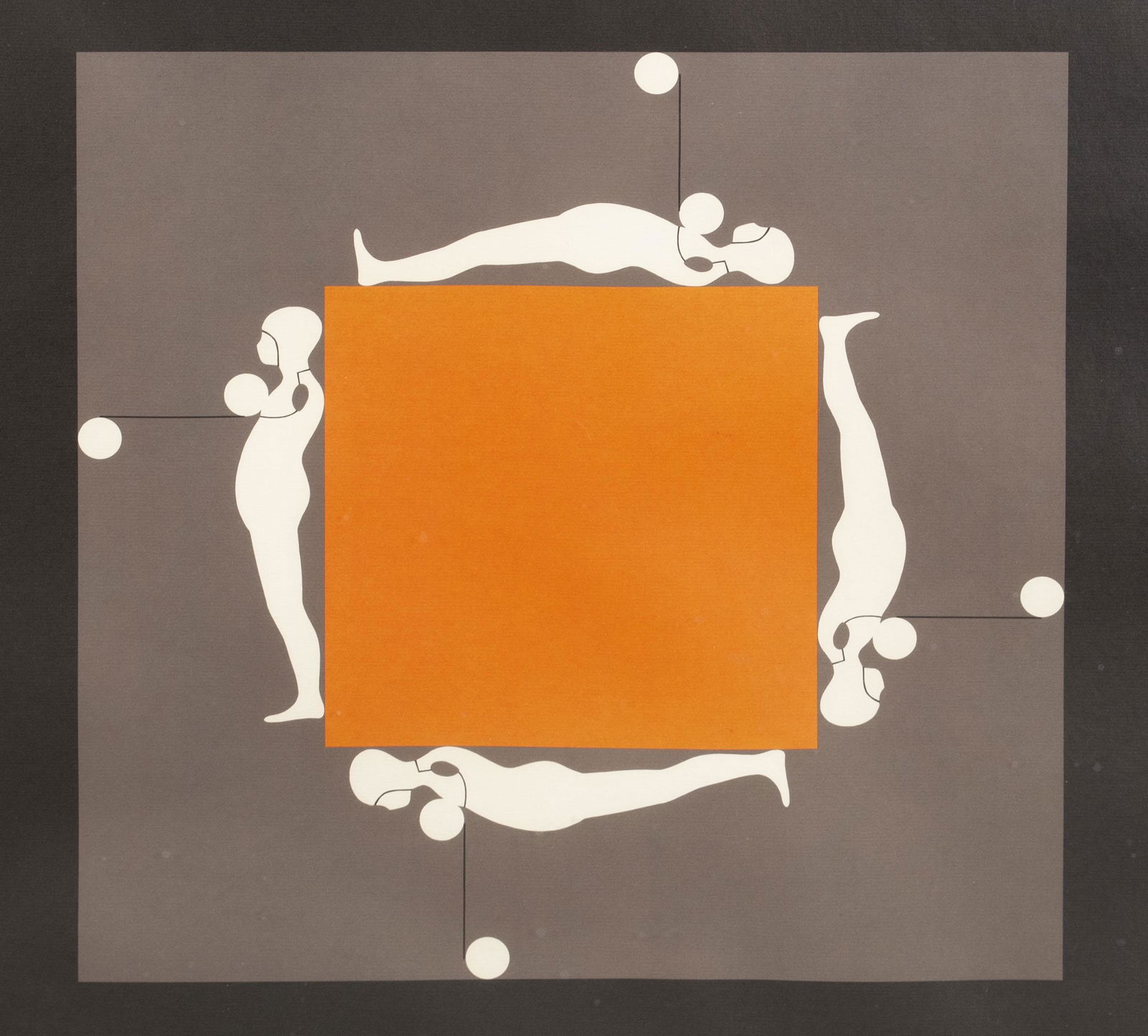 ERNEST TINO TROVA (AMERICAN, 1927-2009): ERNEST TINO TROVA (AMERICAN, 1927-2009)Four Figures on an Orange Square from Falling Man series.Screenprint, printed text along lower edge reading "Recent Sculpture by Ernest Trova, Hayden Gallery, Ma