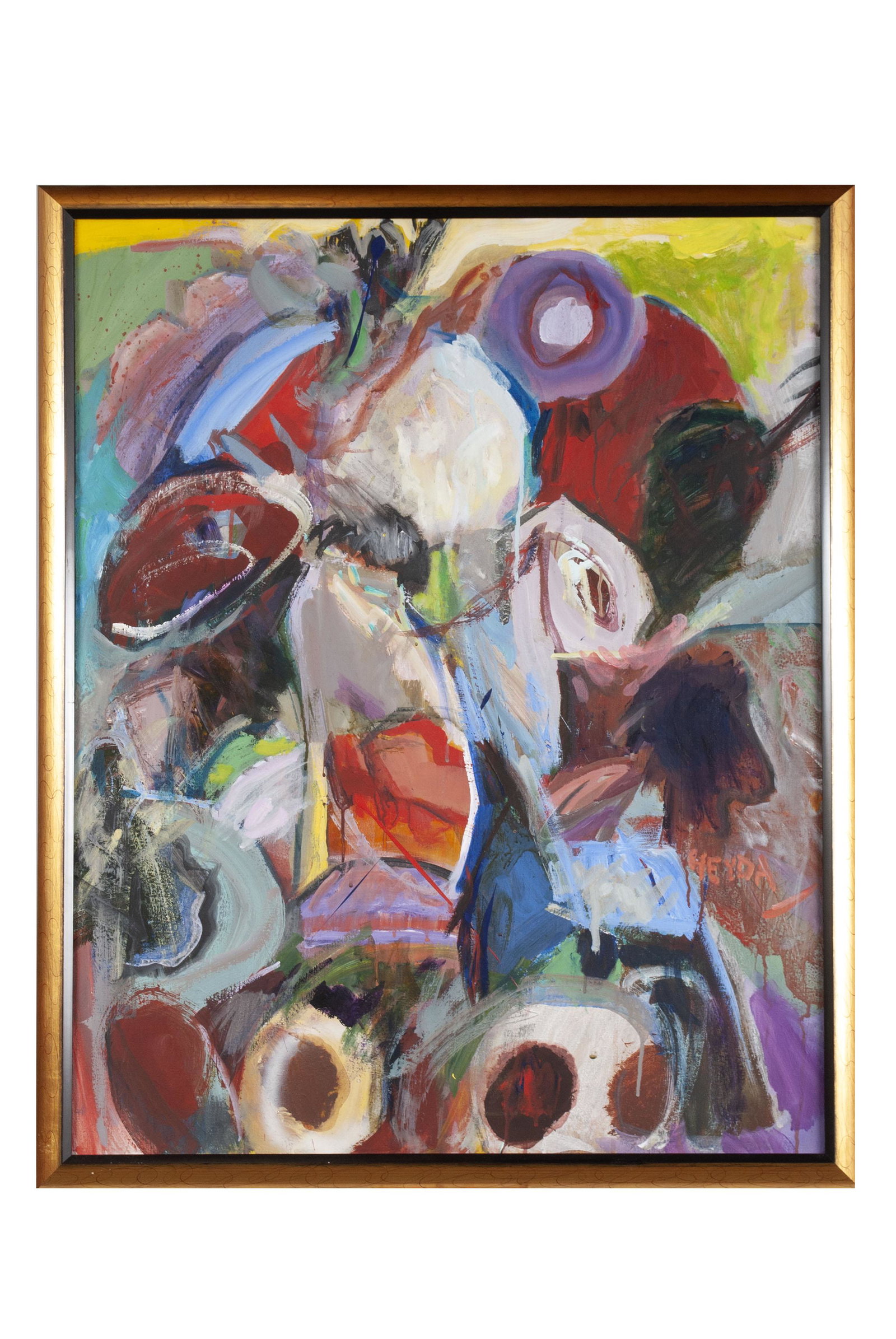 LAWRENCE HEYDA (AMERICAN, 20TH CENTURY): LAWRENCE HEYDA (AMERICAN, 20TH CENTURY) Acrylic on canvas, signed lower right. Colorful composition with gilt wood frame, signed to verso with artist's address.Provenance: collection of Dr. Albert de 