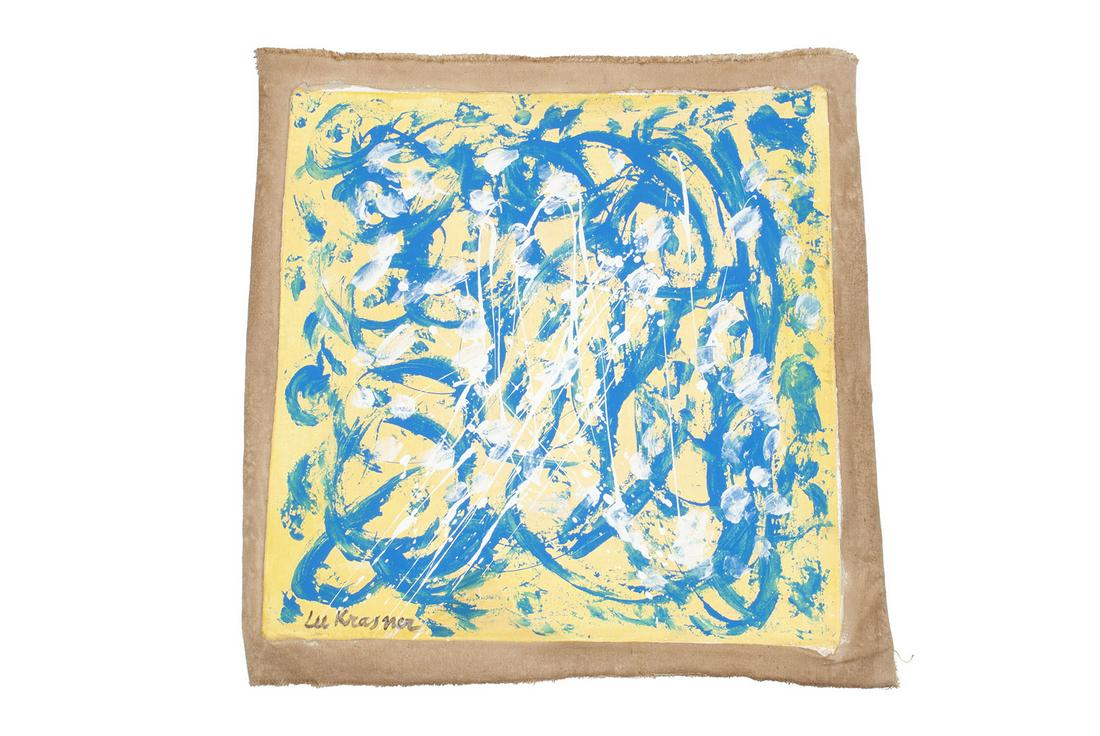 AMERICAN SCHOOL ABSTRACT PAINTING: AMERICAN SCHOOL ABSTRACT PAINTINGOil on canvas, unstretched, signed lower portion. Abstraction in Jackson Pollock style, signed Lee Krasner. 16.5" height, 15.5" width; canvas: 18.5" height, 18" width