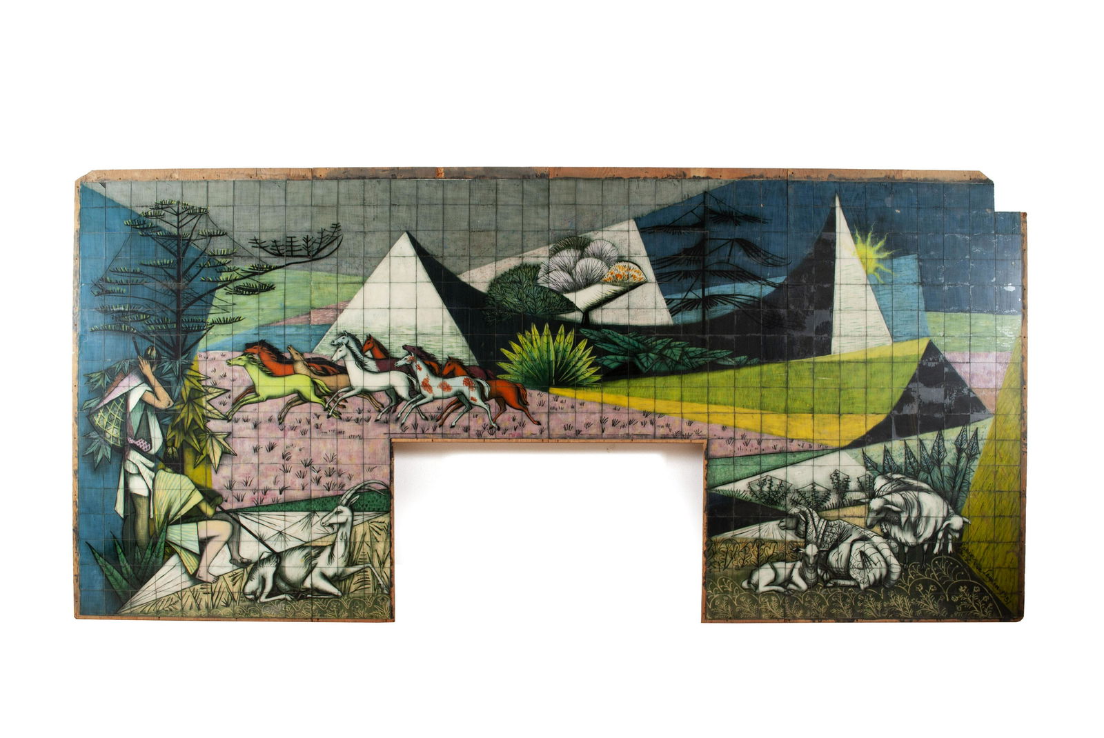 ERNST VAN LEYDEN (DUTCH, 1892-1969) KARIN VAN LEYDEN: ERNST VAN LEYDEN (DUTCH, 1892-1969)KARIN VAN LEYDEN (GERMAN, 1906-1977)Wall Mural for 2102 S. Warson Rd. Ladue, MO 1951Acrylic on reverse painted glass tiles, signed and dated lower right. Surrealist