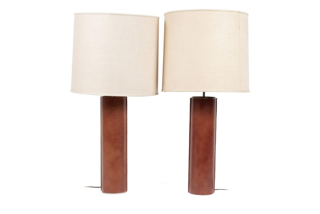 PAIR OF ROBERT SONNEMAN DARK LEATHER LAMPS (1 of 4)
